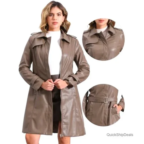 Faux Leather Trench Coat with Belt, Zipper Front, Lapel Collar